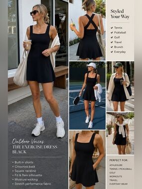 Outdoor Voices Black Exercise Dress - Square Neck Crisscross Back Size Small